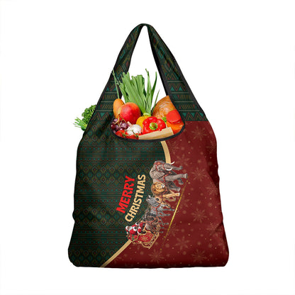 African Safari Animals Christmas Sleigh Grocery Bag Festive Wildlife Tribal Pattern Santa Sleigh