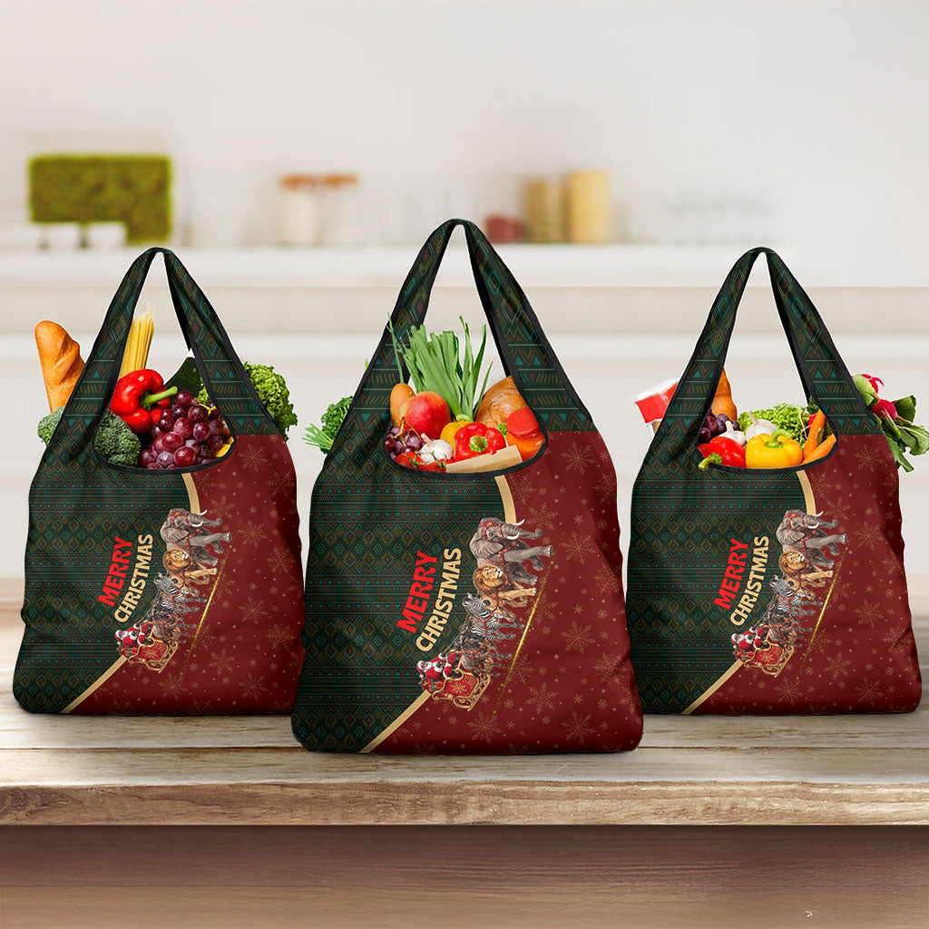 African Safari Animals Christmas Sleigh Grocery Bag Festive Wildlife Tribal Pattern Santa Sleigh