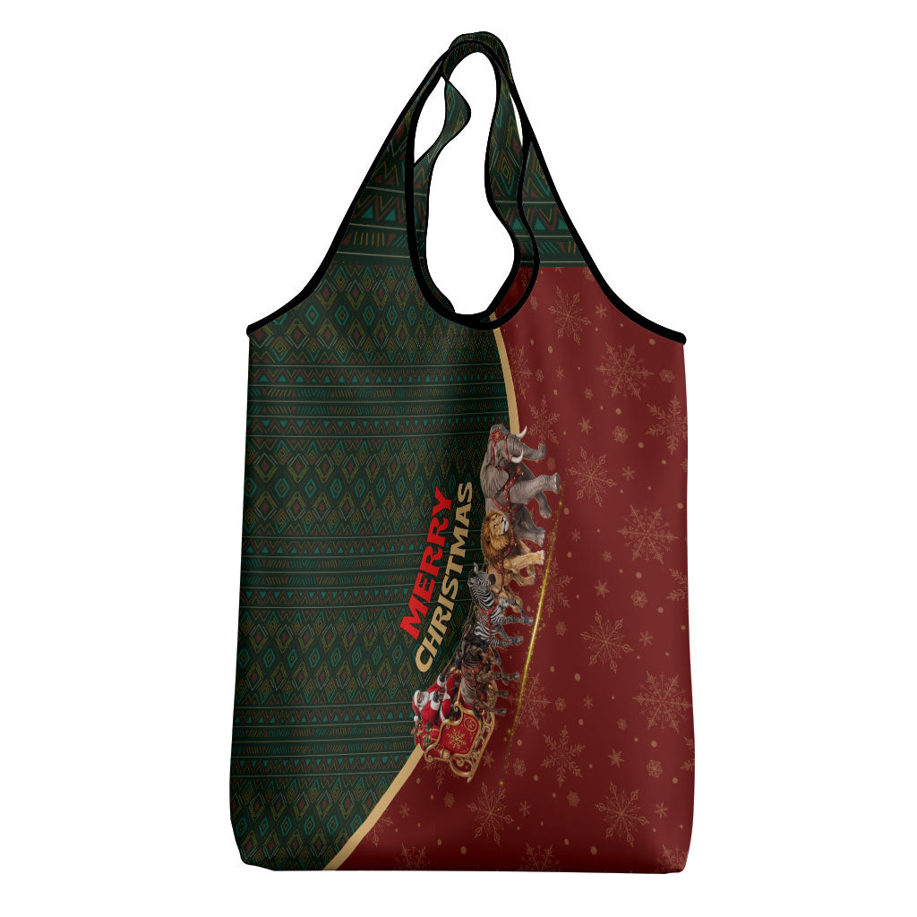 African Safari Animals Christmas Sleigh Grocery Bag Festive Wildlife Tribal Pattern Santa Sleigh