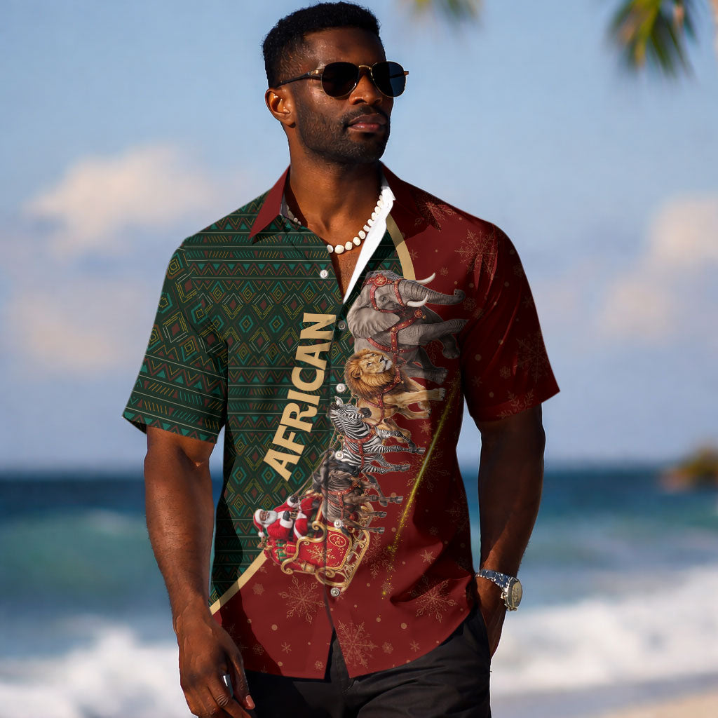 African Safari Animals Christmas Sleigh Hawaiian Shirt Festive Wildlife Tribal Pattern Santa Sleigh