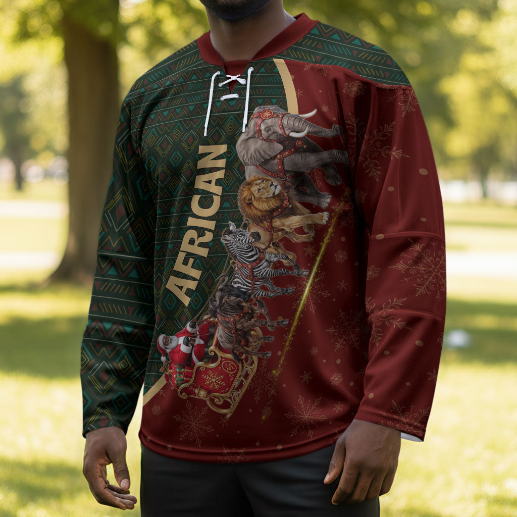 African Safari Animals Christmas Sleigh Hockey Jersey Festive Wildlife Tribal Pattern Santa Sleigh