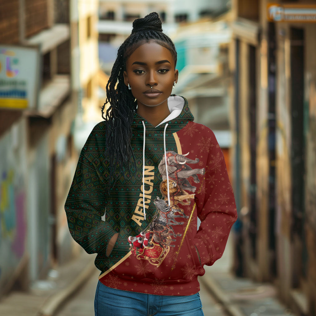 African Safari Animals Christmas Sleigh Hoodie Festive Wildlife Tribal Pattern Santa Sleigh
