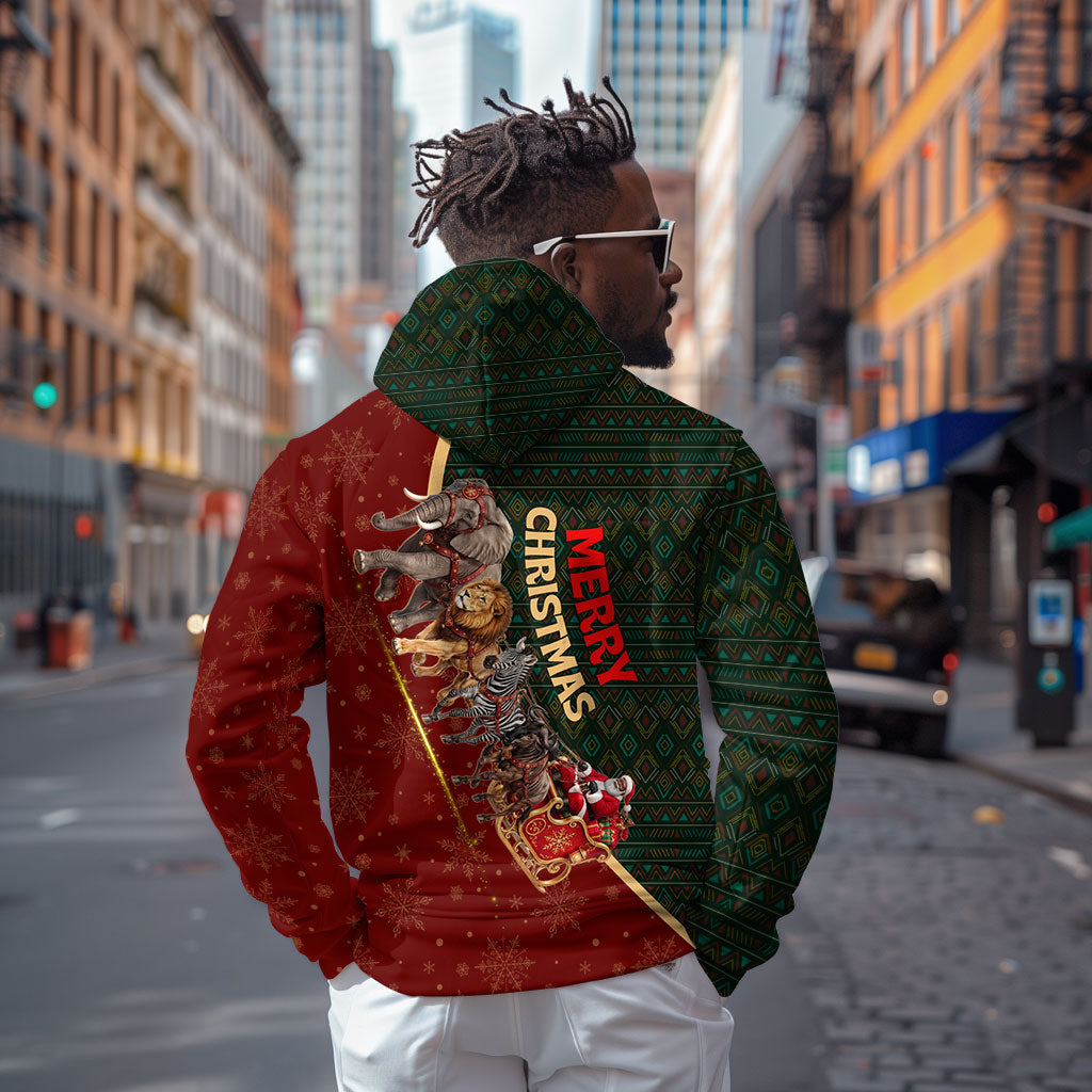 African Safari Animals Christmas Sleigh Hoodie Festive Wildlife Tribal Pattern Santa Sleigh