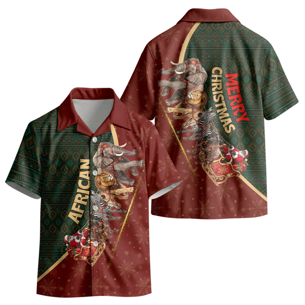 African Safari Animals Christmas Sleigh Kid Hawaiian Shirt Festive Wildlife Tribal Pattern Santa Sleigh