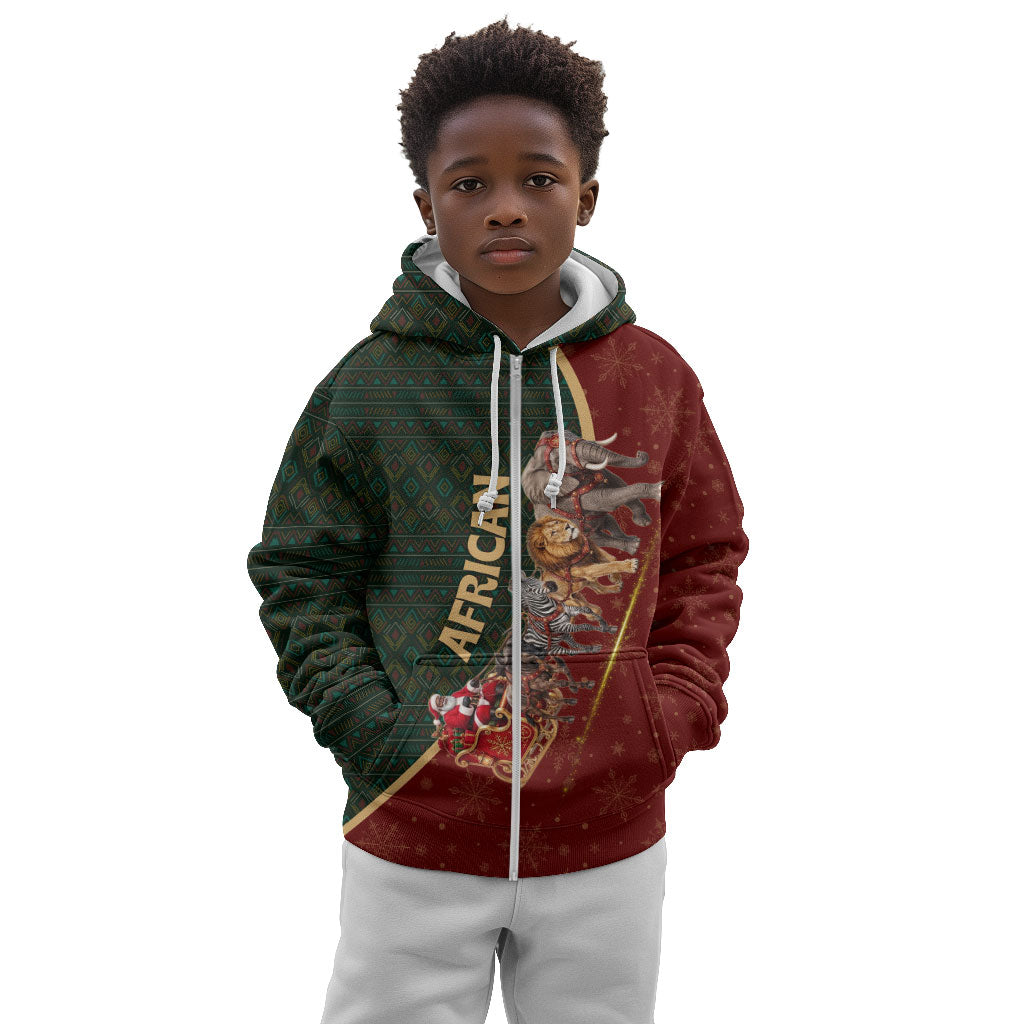 African Safari Animals Christmas Sleigh Kid Hoodie Festive Wildlife Tribal Pattern Santa Sleigh