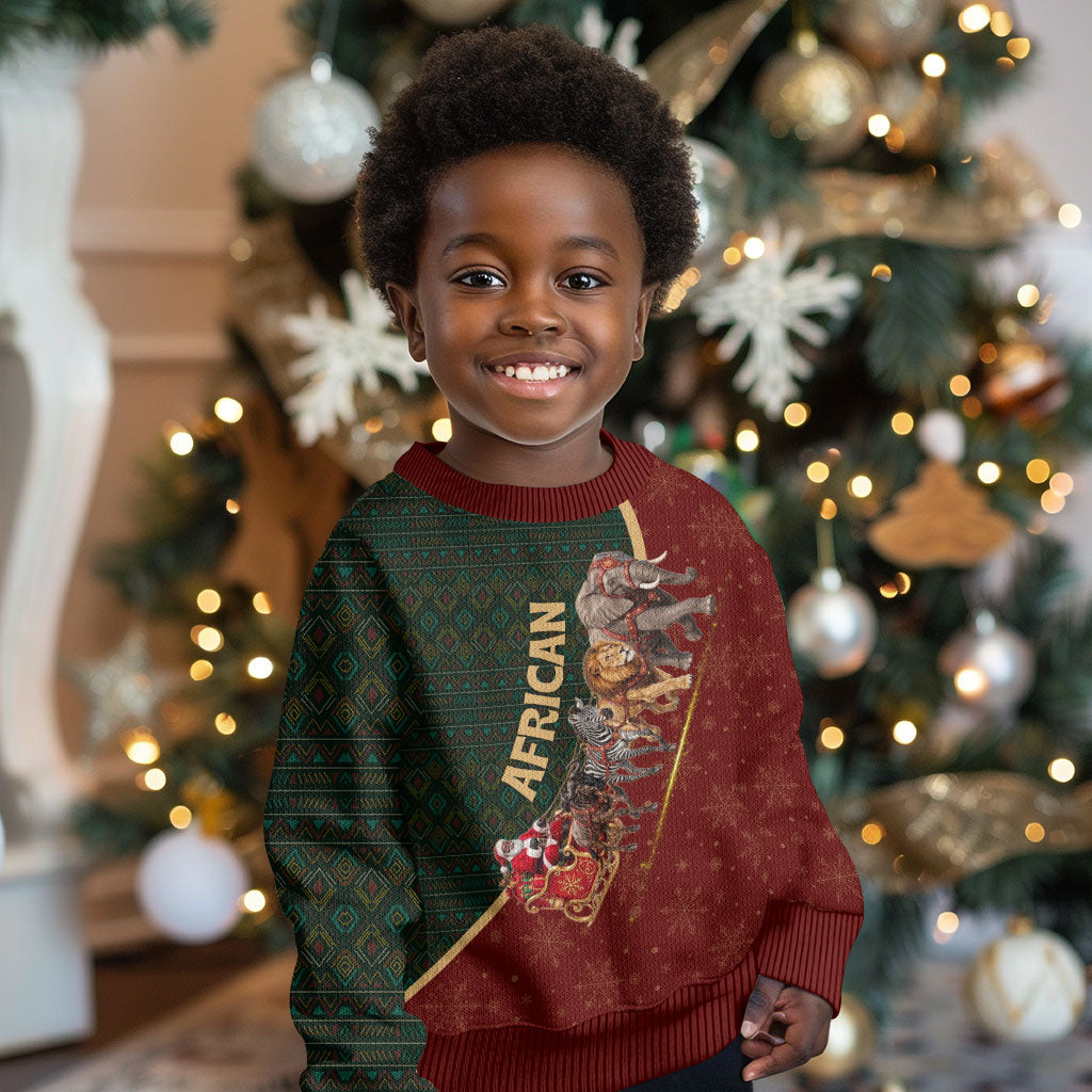 African Safari Animals Christmas Sleigh Kid Ugly Christmas Sweater Festive Wildlife Tribal Pattern Santa Sleigh