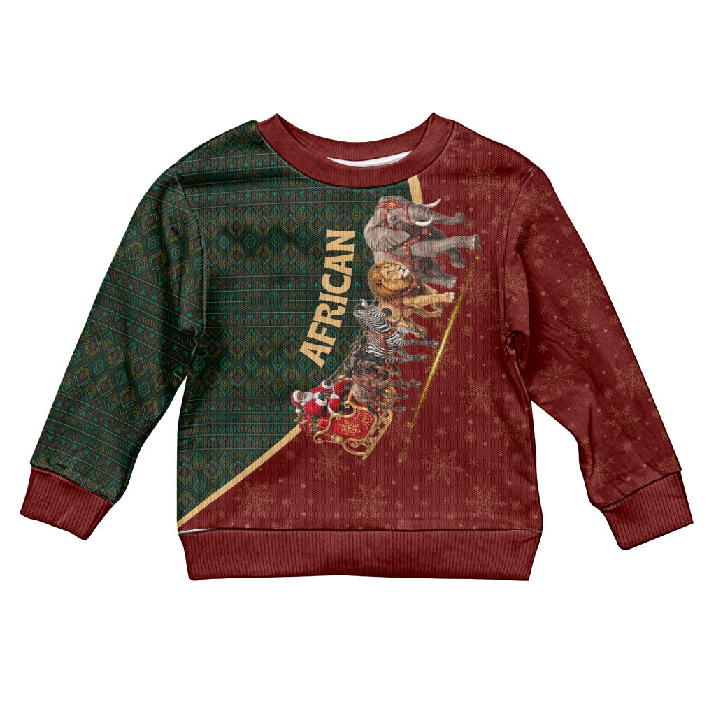 African Safari Animals Christmas Sleigh Kid Ugly Christmas Sweater Festive Wildlife Tribal Pattern Santa Sleigh
