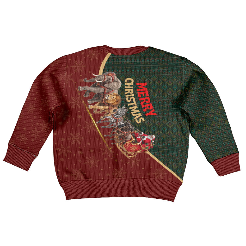 African Safari Animals Christmas Sleigh Kid Ugly Christmas Sweater Festive Wildlife Tribal Pattern Santa Sleigh
