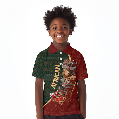 African Safari Animals Christmas Sleigh Kid Polo Shirt Festive Wildlife Tribal Pattern Santa Sleigh