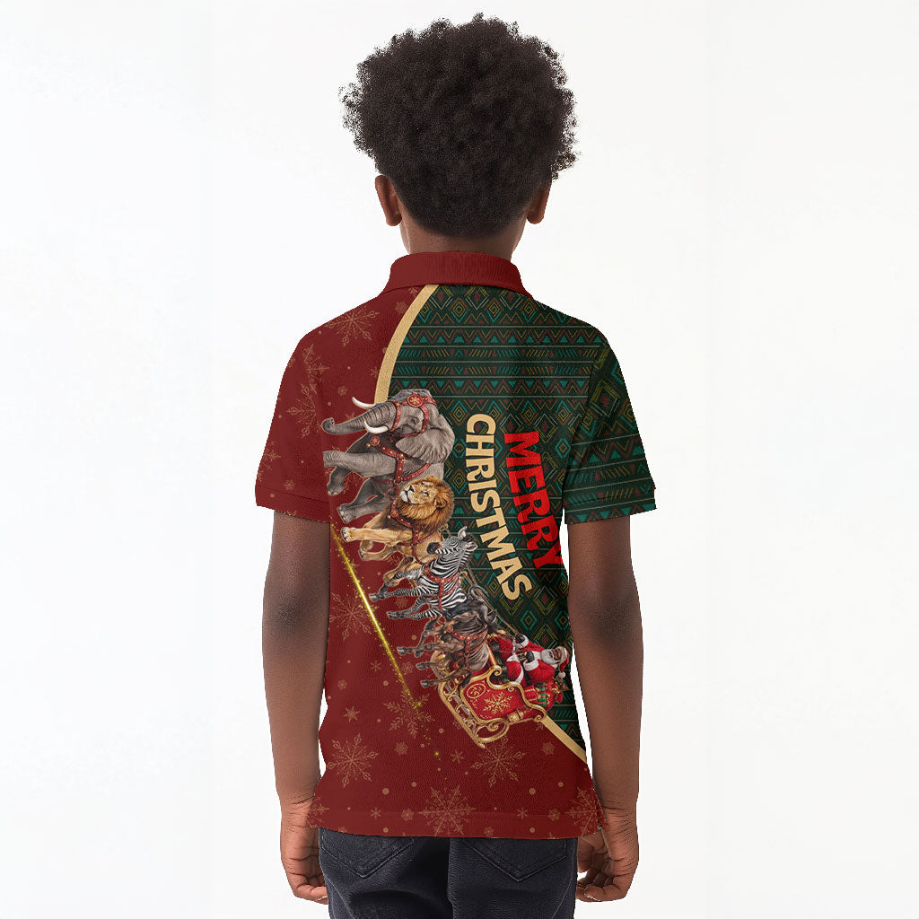 African Safari Animals Christmas Sleigh Kid Polo Shirt Festive Wildlife Tribal Pattern Santa Sleigh