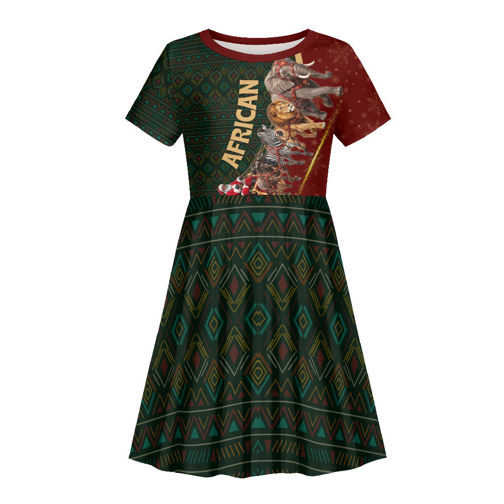 African Safari Animals Christmas Sleigh Kid Short Sleeve Dress Festive Wildlife Tribal Pattern Santa Sleigh