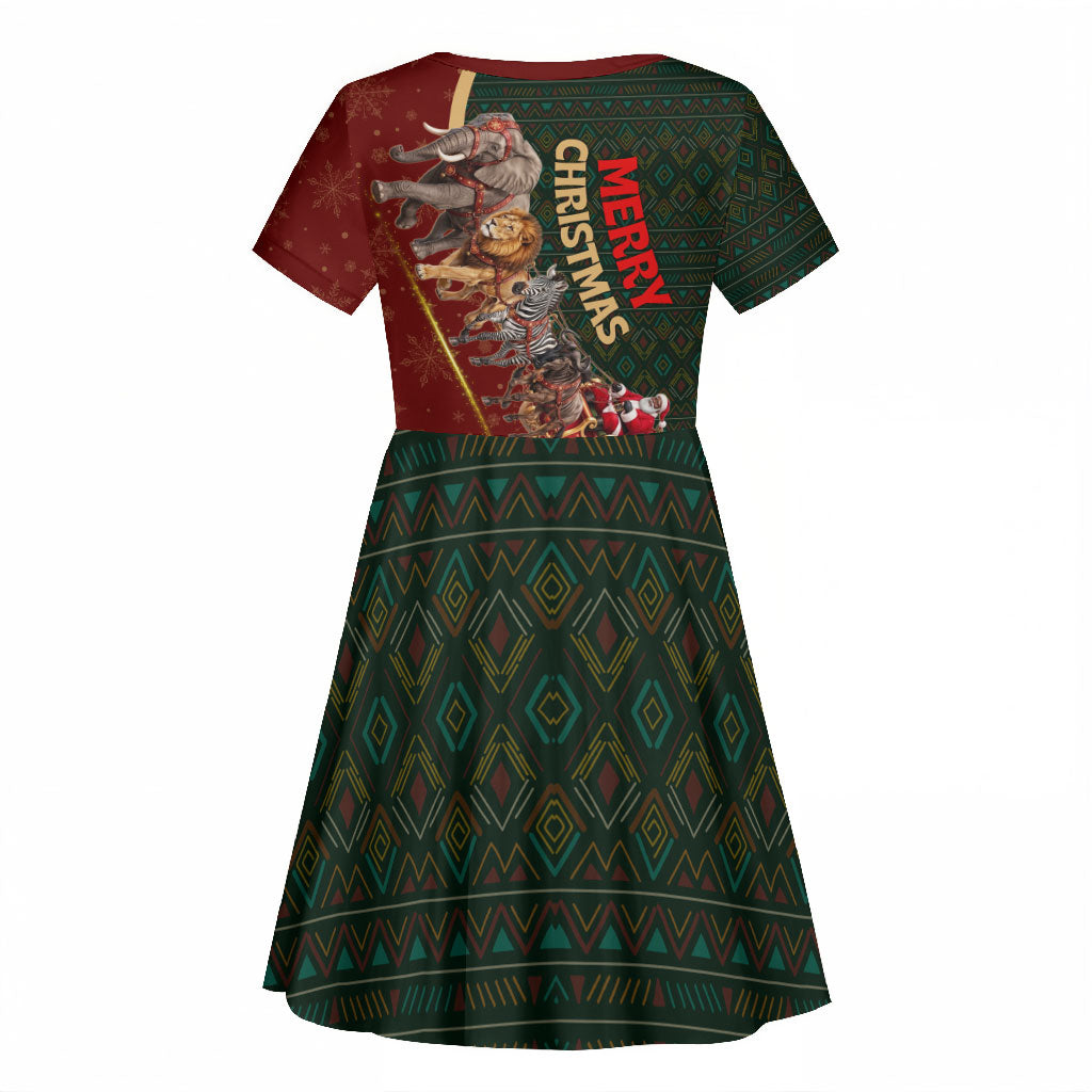 African Safari Animals Christmas Sleigh Kid Short Sleeve Dress Festive Wildlife Tribal Pattern Santa Sleigh