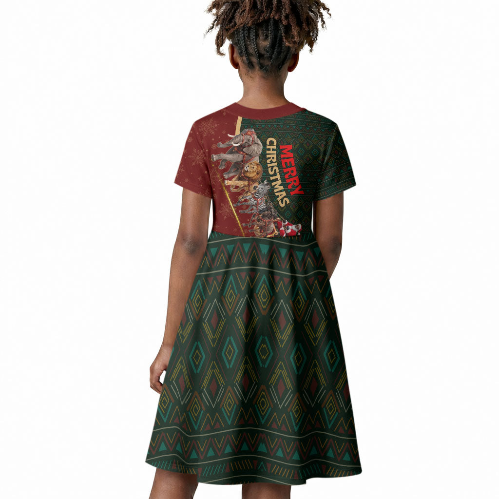 African Safari Animals Christmas Sleigh Kid Short Sleeve Dress Festive Wildlife Tribal Pattern Santa Sleigh