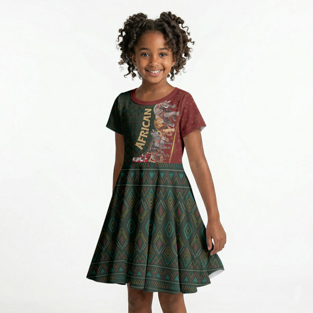 African Safari Animals Christmas Sleigh Kid Short Sleeve Dress Festive Wildlife Tribal Pattern Santa Sleigh