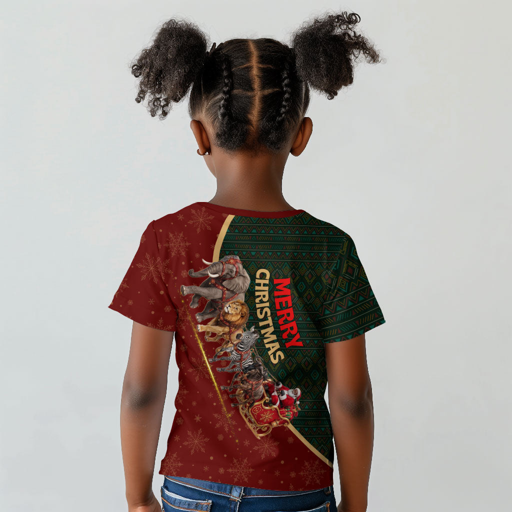 African Safari Animals Christmas Sleigh Kid T shirt Festive Wildlife Tribal Pattern Santa Sleigh