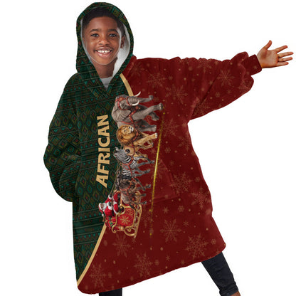 African Safari Animals Christmas Sleigh Kid Wearable Blanket Hoodie Festive Wildlife Tribal Pattern Santa Sleigh
