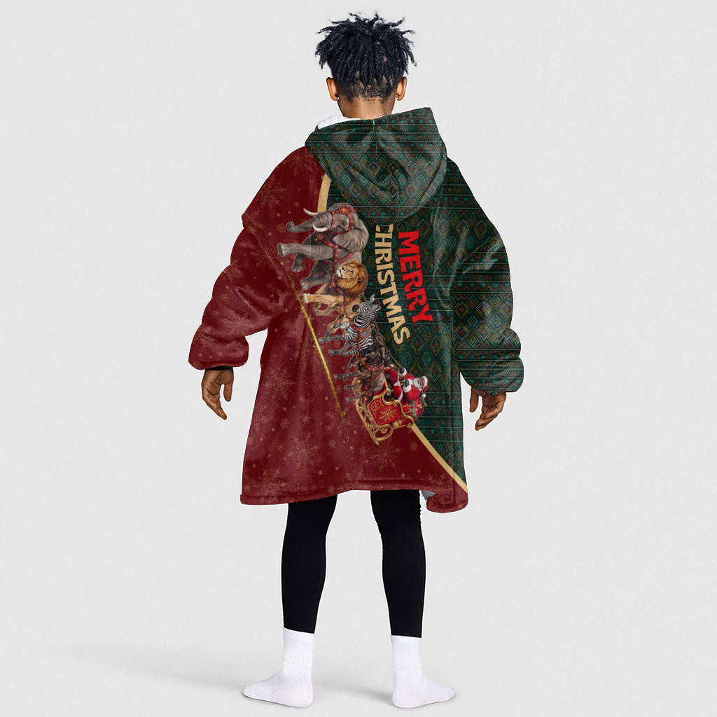 African Safari Animals Christmas Sleigh Kid Wearable Blanket Hoodie Festive Wildlife Tribal Pattern Santa Sleigh