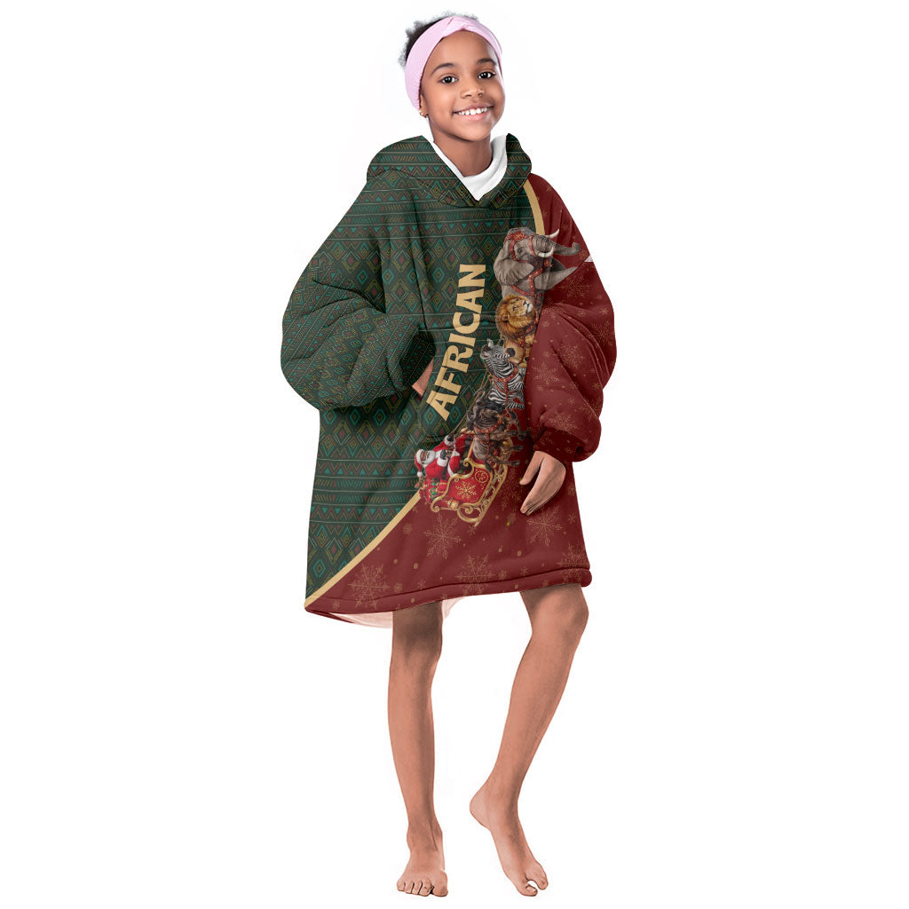 African Safari Animals Christmas Sleigh Kid Wearable Blanket Hoodie Festive Wildlife Tribal Pattern Santa Sleigh