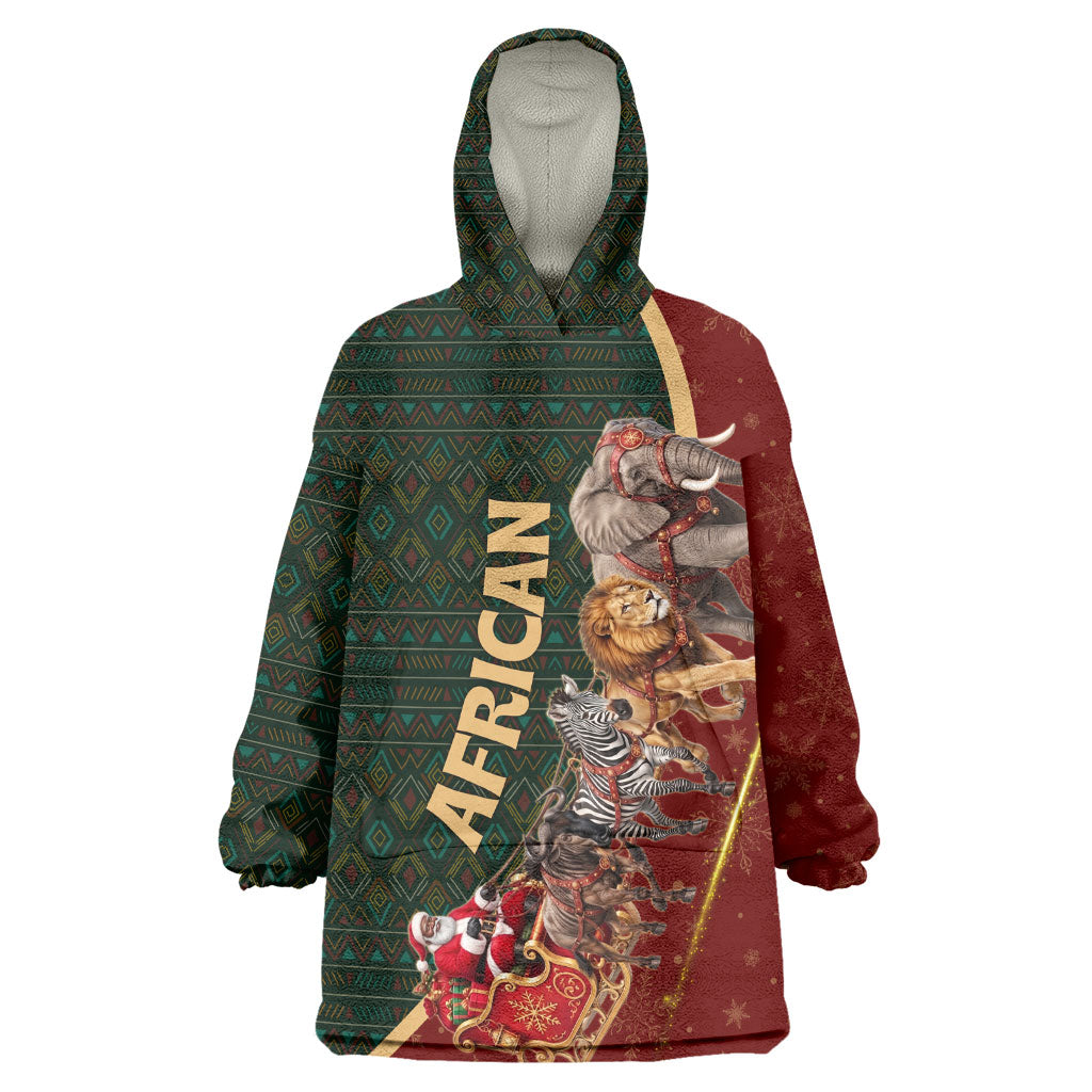 African Safari Animals Christmas Sleigh Kid Wearable Blanket Hoodie Festive Wildlife Tribal Pattern Santa Sleigh