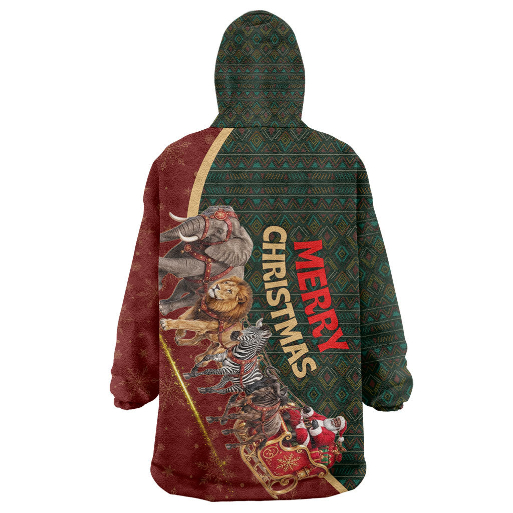 African Safari Animals Christmas Sleigh Kid Wearable Blanket Hoodie Festive Wildlife Tribal Pattern Santa Sleigh