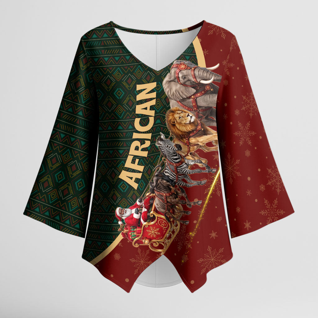 African Safari Animals Christmas Sleigh Kimono Sleeve Blouse Festive Wildlife Tribal Pattern Santa Sleigh
