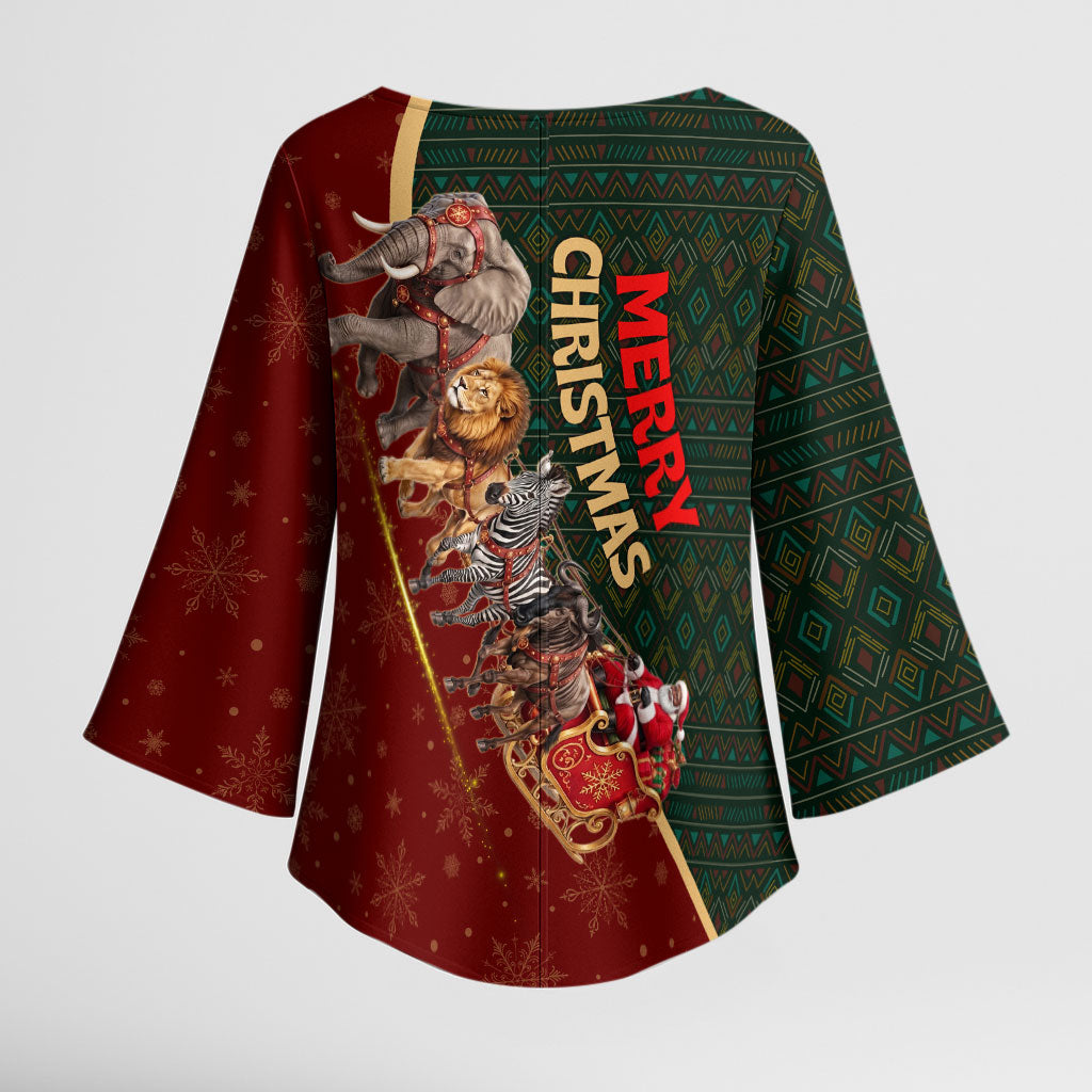 African Safari Animals Christmas Sleigh Kimono Sleeve Blouse Festive Wildlife Tribal Pattern Santa Sleigh