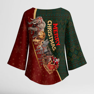 African Safari Animals Christmas Sleigh Kimono Sleeve Blouse Festive Wildlife Tribal Pattern Santa Sleigh