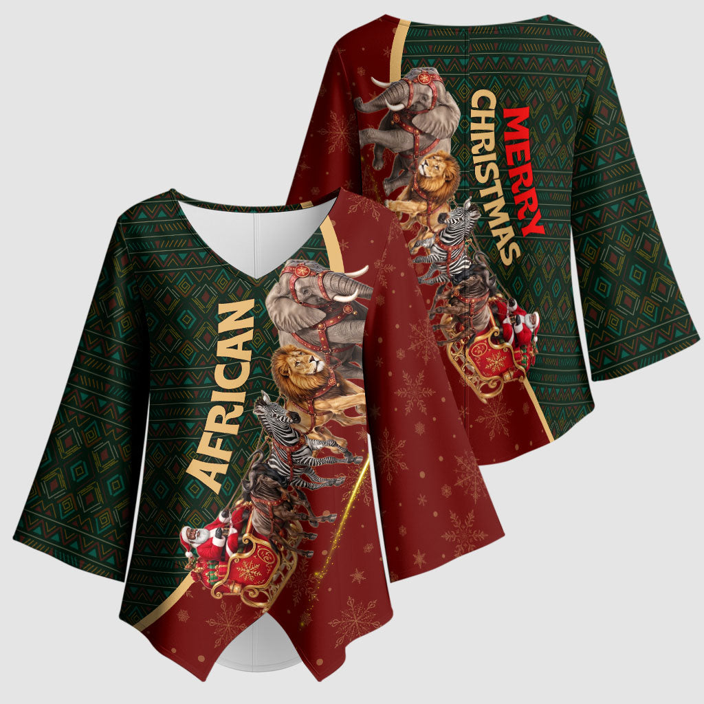 African Safari Animals Christmas Sleigh Kimono Sleeve Blouse Festive Wildlife Tribal Pattern Santa Sleigh