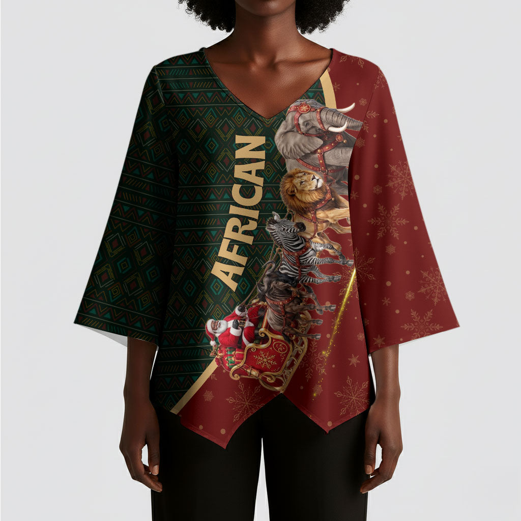 African Safari Animals Christmas Sleigh Kimono Sleeve Blouse Festive Wildlife Tribal Pattern Santa Sleigh