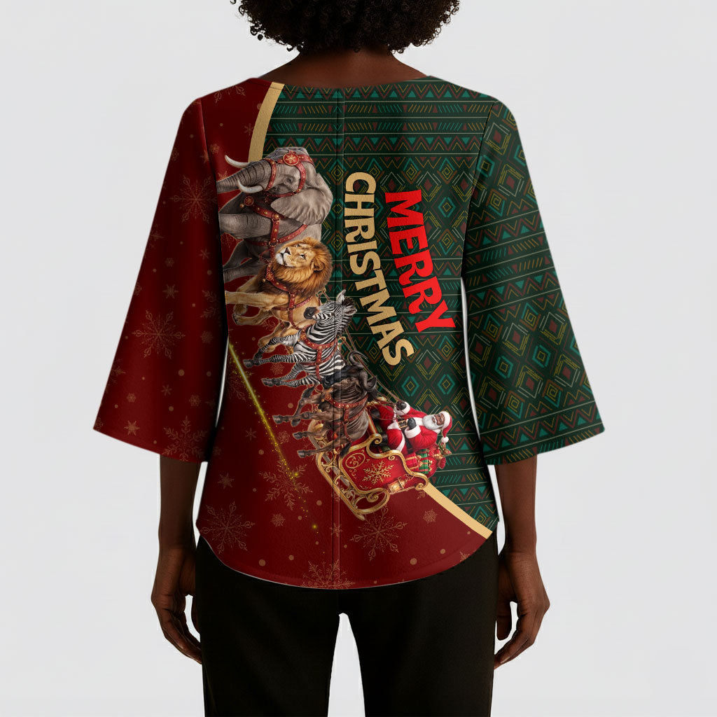 African Safari Animals Christmas Sleigh Kimono Sleeve Blouse Festive Wildlife Tribal Pattern Santa Sleigh