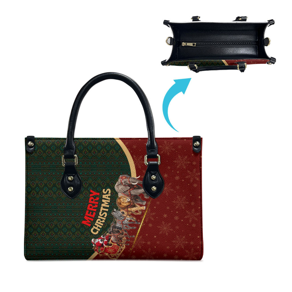 African Safari Animals Christmas Sleigh Leather Bag Festive Wildlife Tribal Pattern Santa Sleigh