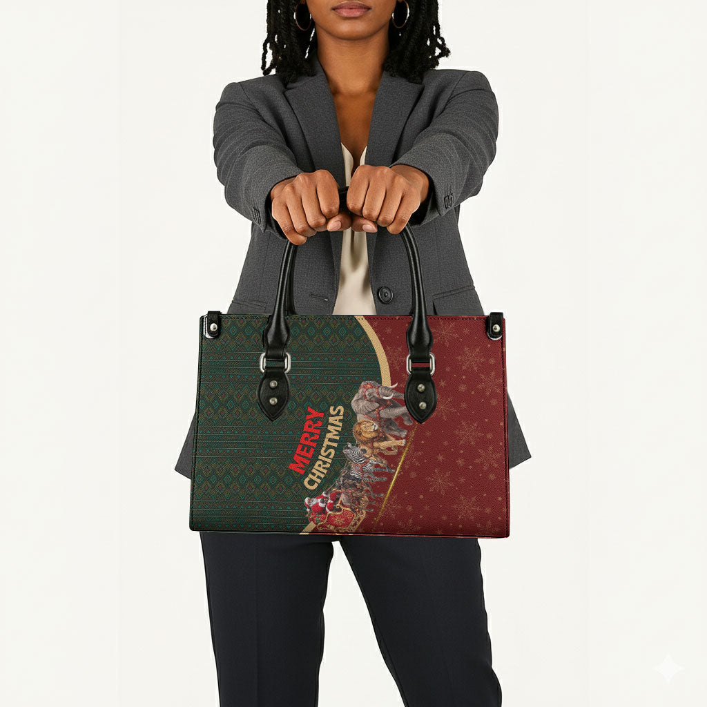 African Safari Animals Christmas Sleigh Leather Bag Festive Wildlife Tribal Pattern Santa Sleigh