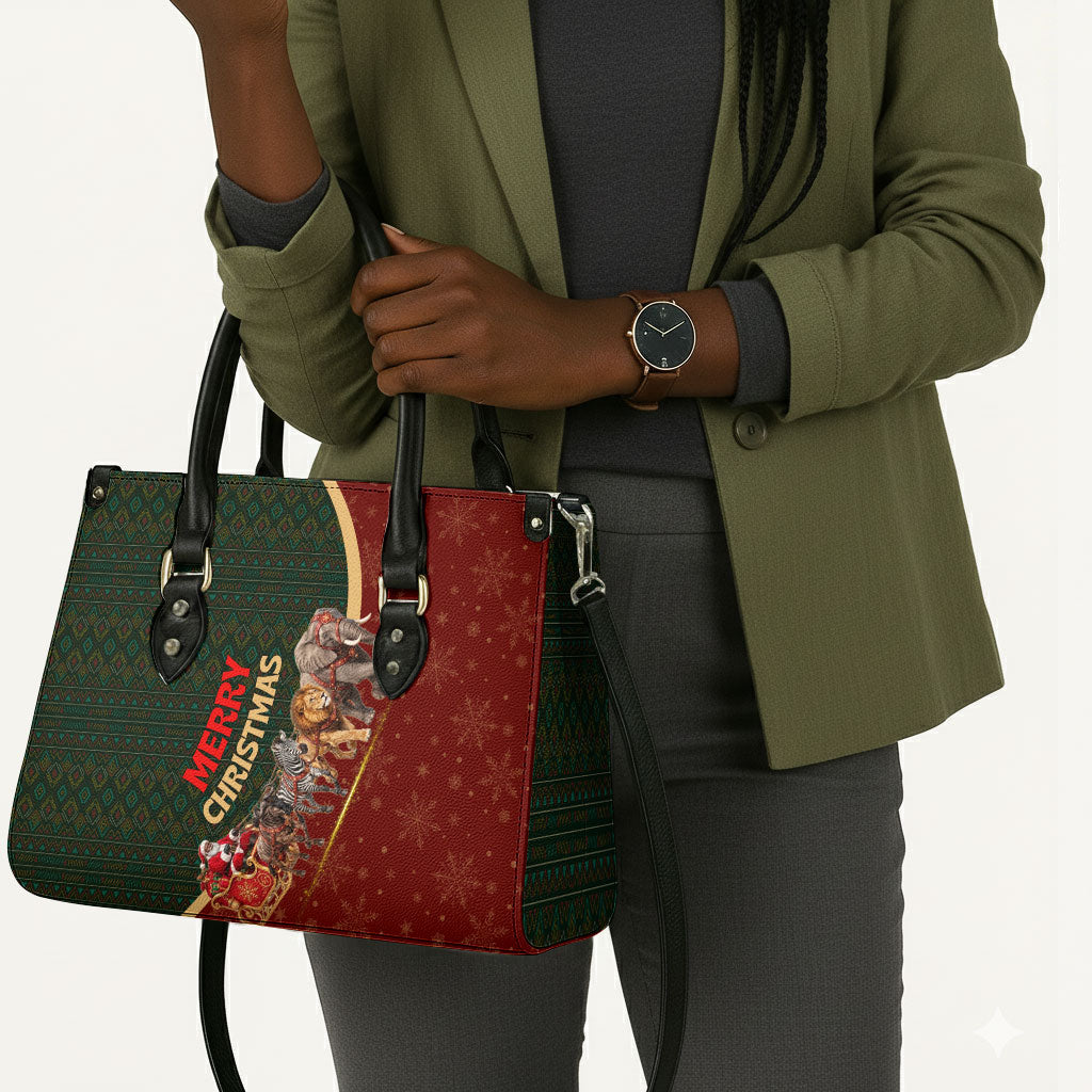 African Safari Animals Christmas Sleigh Leather Bag Festive Wildlife Tribal Pattern Santa Sleigh