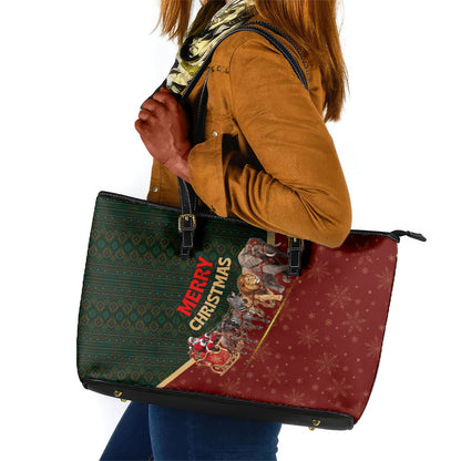 African Safari Animals Christmas Sleigh Leather Tote Bag Festive Wildlife Tribal Pattern Santa Sleigh