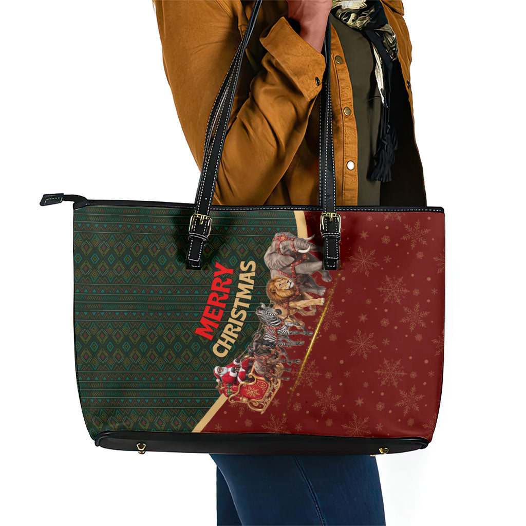 African Safari Animals Christmas Sleigh Leather Tote Bag Festive Wildlife Tribal Pattern Santa Sleigh