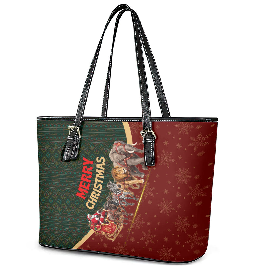 African Safari Animals Christmas Sleigh Leather Tote Bag Festive Wildlife Tribal Pattern Santa Sleigh