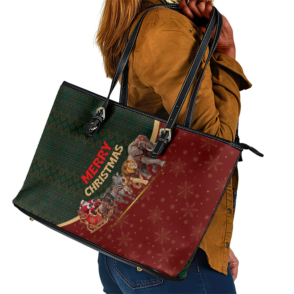 African Safari Animals Christmas Sleigh Leather Tote Bag Festive Wildlife Tribal Pattern Santa Sleigh