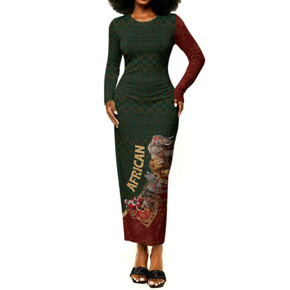 African Safari Animals Christmas Sleigh Long Sleeve Bodycon Dress Festive Wildlife Tribal Pattern Santa Sleigh