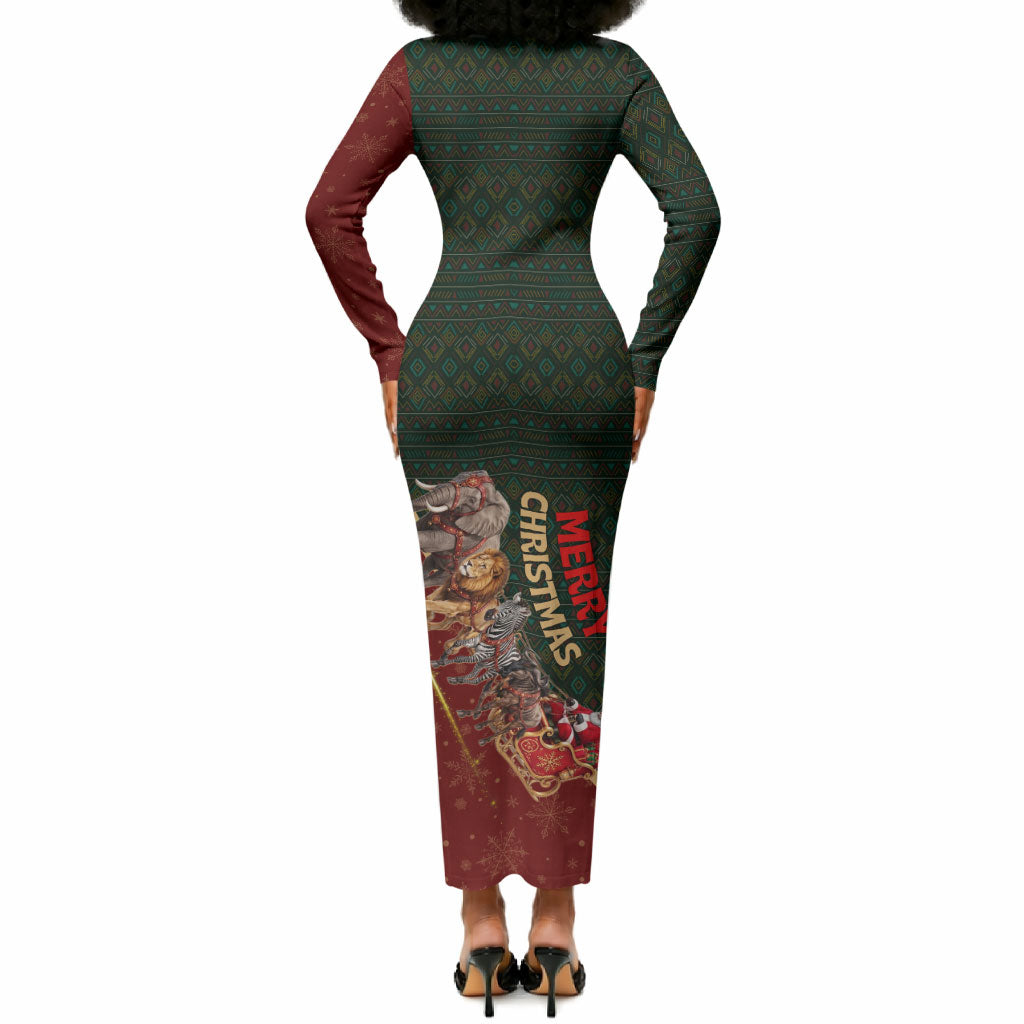 African Safari Animals Christmas Sleigh Long Sleeve Bodycon Dress Festive Wildlife Tribal Pattern Santa Sleigh
