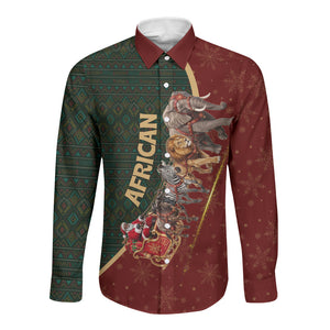 African Safari Animals Christmas Sleigh Long Sleeve Button Shirt Festive Wildlife Tribal Pattern Santa Sleigh