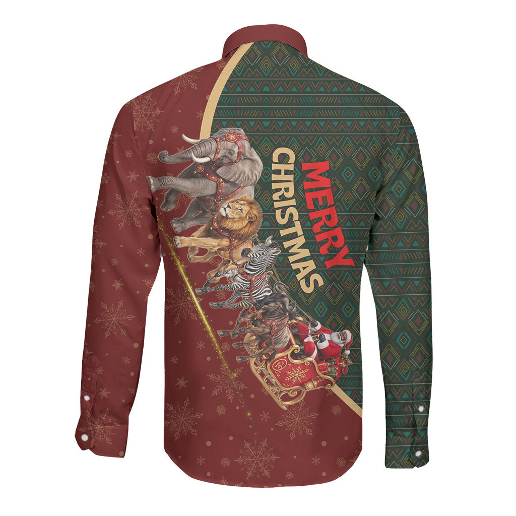 African Safari Animals Christmas Sleigh Long Sleeve Button Shirt Festive Wildlife Tribal Pattern Santa Sleigh