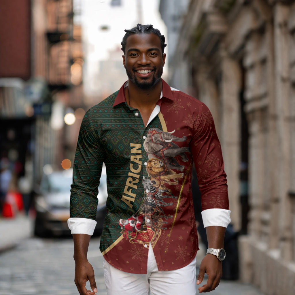African Safari Animals Christmas Sleigh Long Sleeve Button Shirt Festive Wildlife Tribal Pattern Santa Sleigh