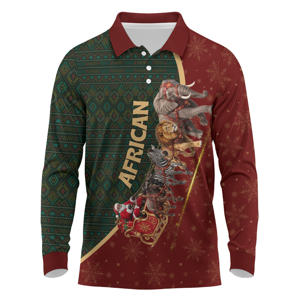 African Safari Animals Christmas Sleigh Long Sleeve Polo Shirt Festive Wildlife Tribal Pattern Santa Sleigh