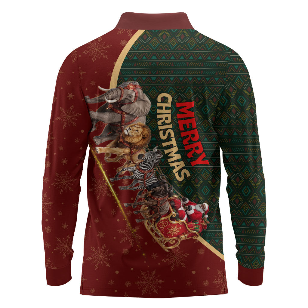African Safari Animals Christmas Sleigh Long Sleeve Polo Shirt Festive Wildlife Tribal Pattern Santa Sleigh