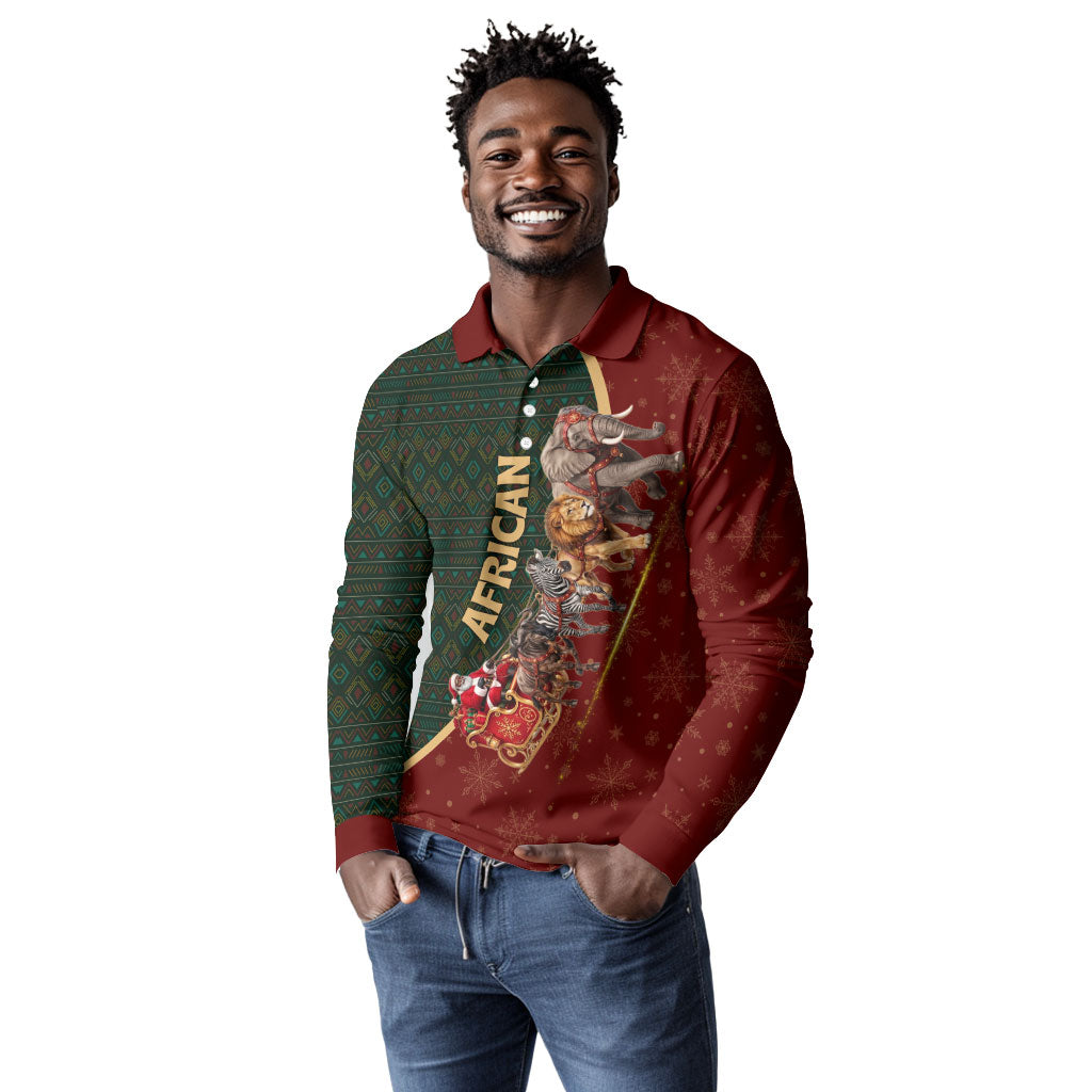 African Safari Animals Christmas Sleigh Long Sleeve Polo Shirt Festive Wildlife Tribal Pattern Santa Sleigh