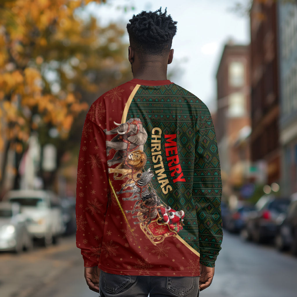 African Safari Animals Christmas Sleigh Long Sleeve Shirt Festive Wildlife Tribal Pattern Santa Sleigh