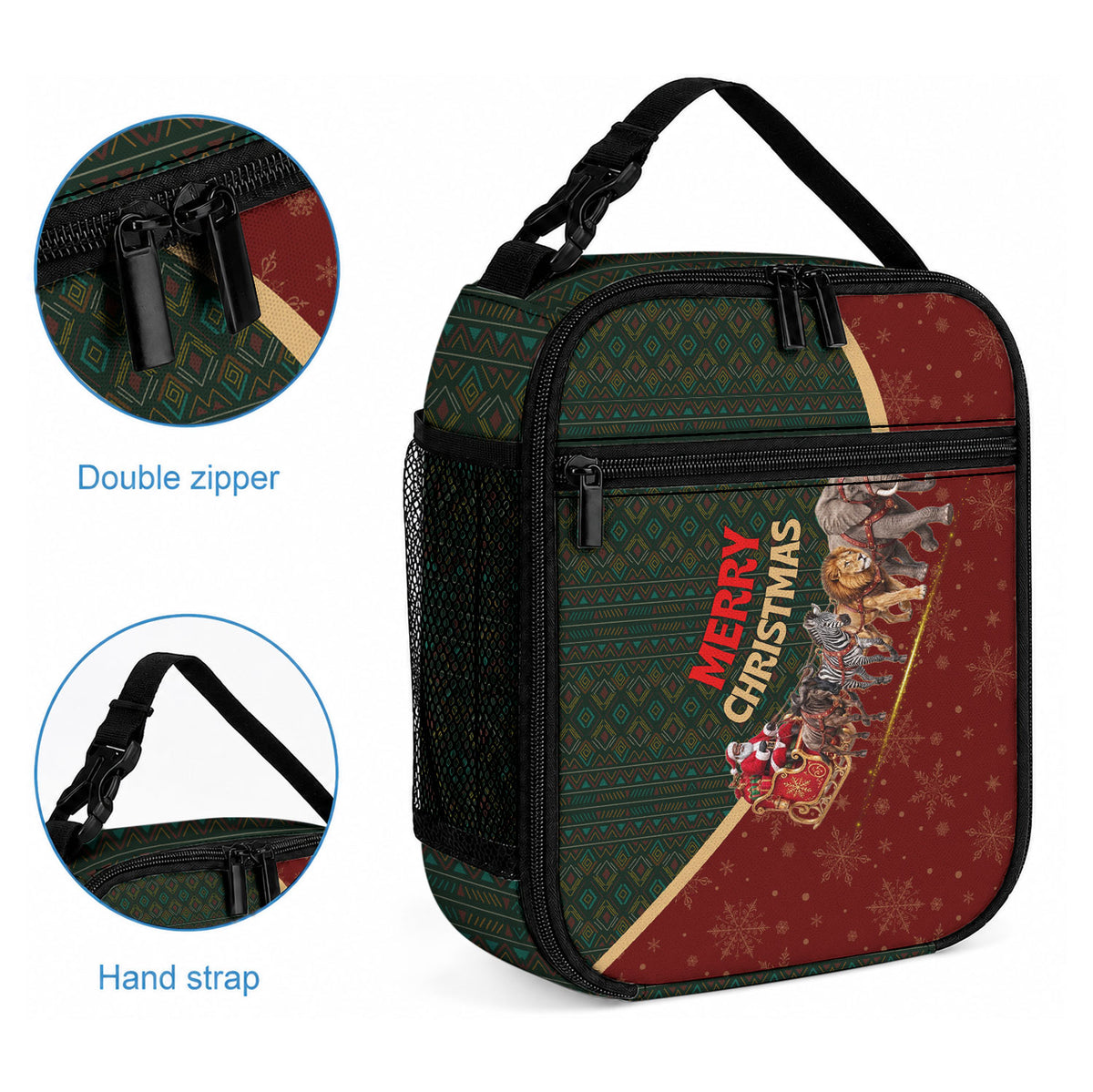 African Safari Animals Christmas Sleigh Lunch Bag Festive Wildlife Tribal Pattern Santa Sleigh