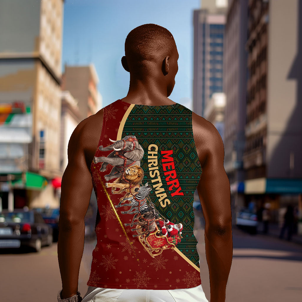 African Safari Animals Christmas Sleigh Men Tank Top Festive Wildlife Tribal Pattern Santa Sleigh