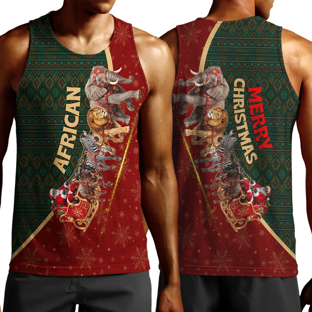 African Safari Animals Christmas Sleigh Men Tank Top Festive Wildlife Tribal Pattern Santa Sleigh