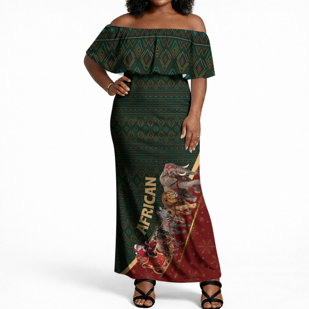 African Safari Animals Christmas Sleigh Off Shoulder Maxi Dress Festive Wildlife Tribal Pattern Santa Sleigh